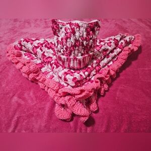 Homemade crochet kitty beanie and blanket for child/kid - pink and white ruffle